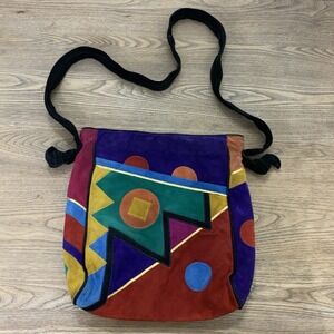 VTG Gino Suede‎ Tote Shoulder Bag Colorful Geometric 80s Patchwork Purse